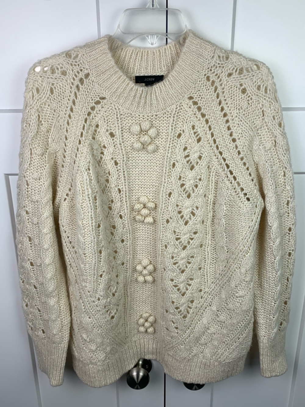 J.CREW M Ivory Cable Knit Crewneck Pullover Sweater popcorn 3D textured preppy